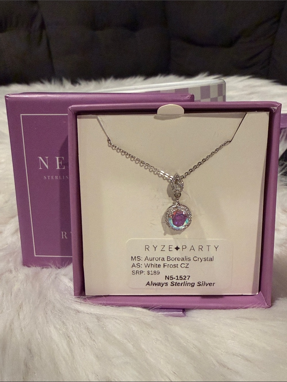 RYZE- Sterling Silver Necklace with Aurora Borealis Crystal - Purple Iridescent